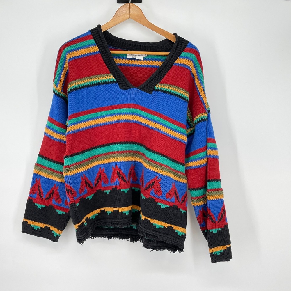 Vintage Southwestern Horse Red Blue V Neck Sweater Size M Equestrian Colorful